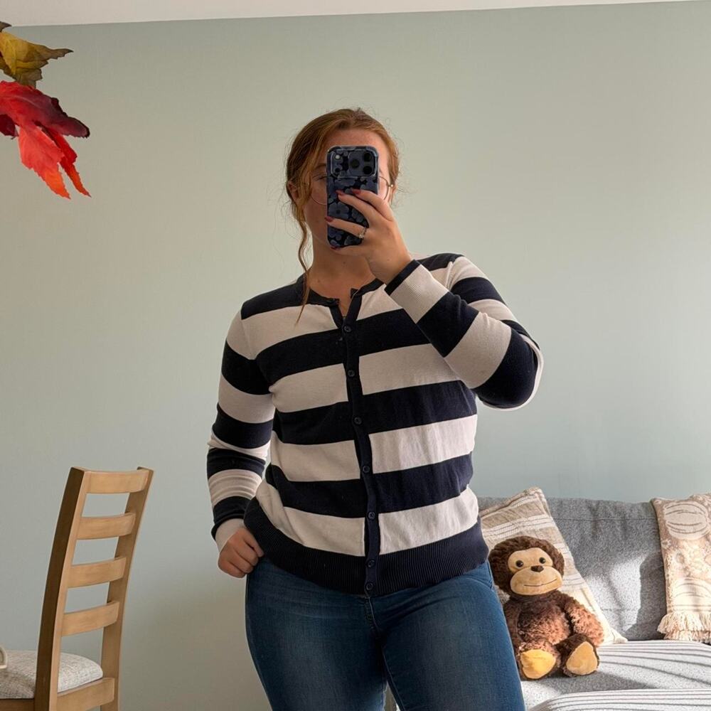 GAP Navy Cream Striped Cotton Button Cardigan Women's M